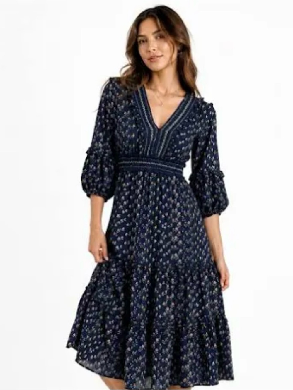 MAX STUDIO BLUE PUFF SLEEVE SMOCKED MIDI EMPIRE WAIST DRESS L $138